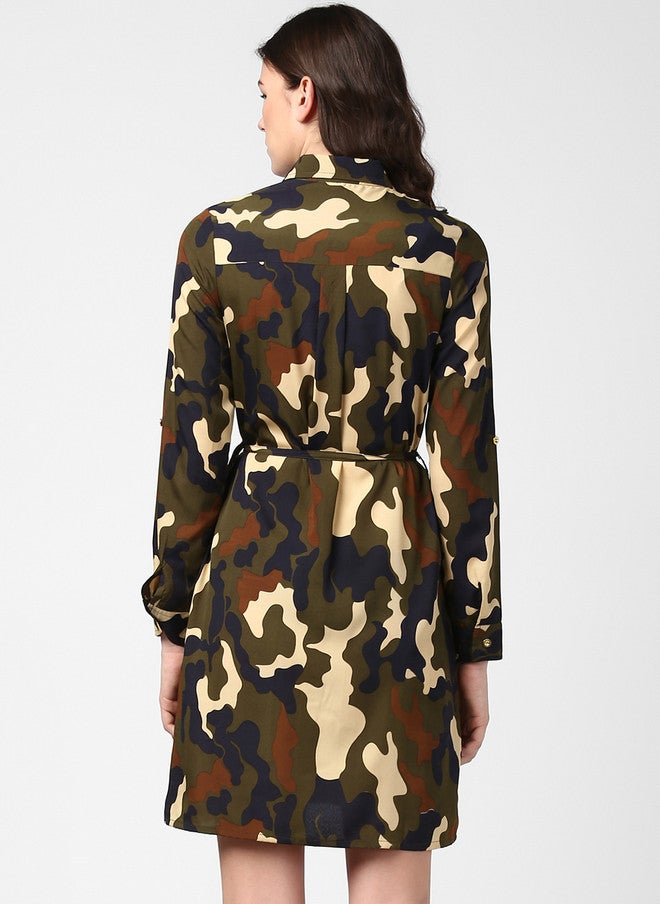 StyleStone Women's Green Camouflage Shirt Dress with Belted Waist - Image 4