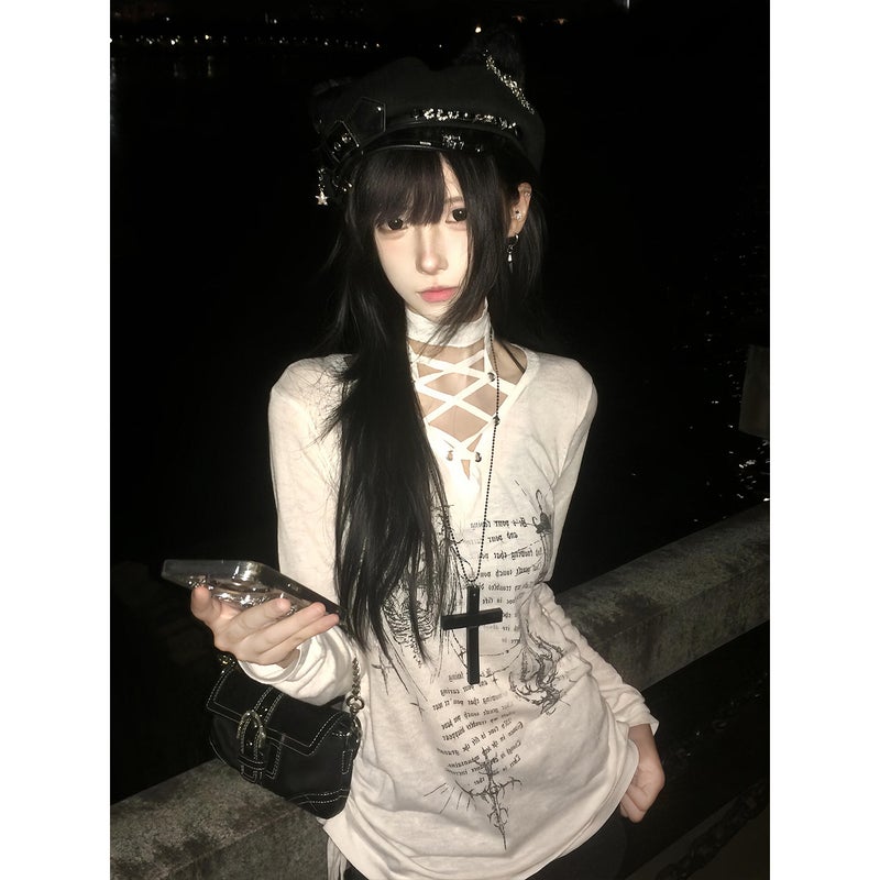 Y2k light substyle strap long-sleeved t-shirt women's autumn new thin blouse V-neck base shirt slim-fit straight shoulder top - Image 2