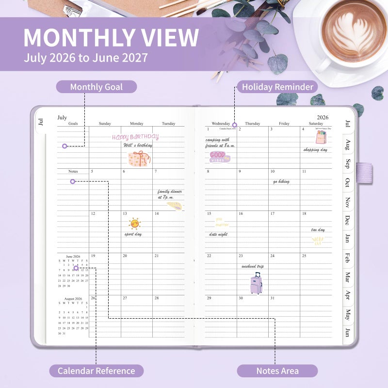 Blugool Planner 2026-2027, Weekly and Monthly Planner with Tabs from Jul 2026 - Jun 2027, A5 Hardcover Academic Calendar with Date for School & Office Schedule, 5.8" x 8.3", Purple - Image 2