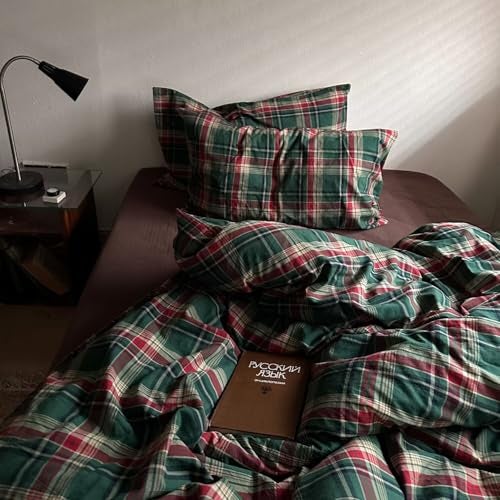 MKXI Vintage Buffalo Plaid Duvet Cover Set 3-Piece | 100% Washed Cotton Reversible Bedding Green/Red Checkered Full Size with Zipper & Corner Ties Farmhouse & Shabby Chic Design - Image 3
