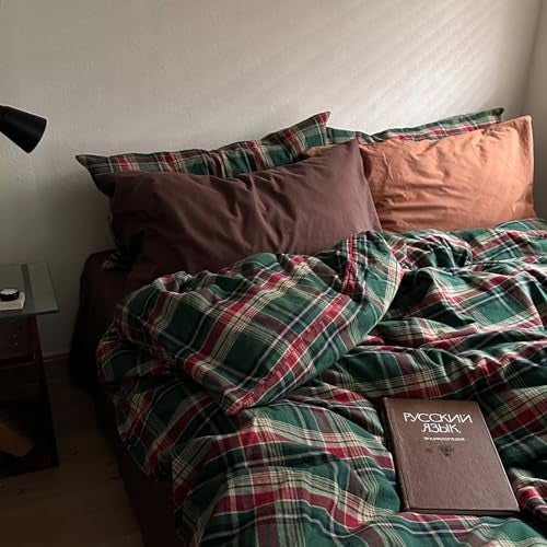 MKXI Vintage Buffalo Plaid Duvet Cover Set 3-Piece | 100% Washed Cotton Reversible Bedding Green/Red Checkered Full Size with Zipper & Corner Ties Farmhouse & Shabby Chic Design - Image 2