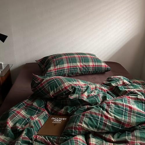 MKXI Vintage Buffalo Plaid Duvet Cover Set 3-Piece | 100% Washed Cotton Reversible Bedding Green/Red Checkered Full Size with Zipper & Corner Ties Farmhouse & Shabby Chic Design - Image 4