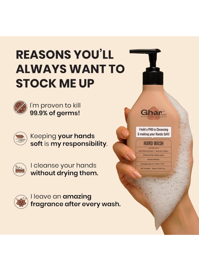 Ghar Soaps Gentle Exfoliating Hand Wash (200 ML) kills 99.9% germs, enriched with Glycerin for moisture, Walnut Shell Powder for mild exfoliation, and Saffron Extract to leave hands soft, fresh - Image 3