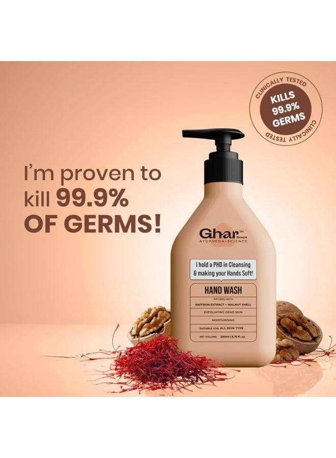 Ghar Soaps Gentle Exfoliating Hand Wash (200 ML) kills 99.9% germs, enriched with Glycerin for moisture, Walnut Shell Powder for mild exfoliation, and Saffron Extract to leave hands soft, fresh - Image 2