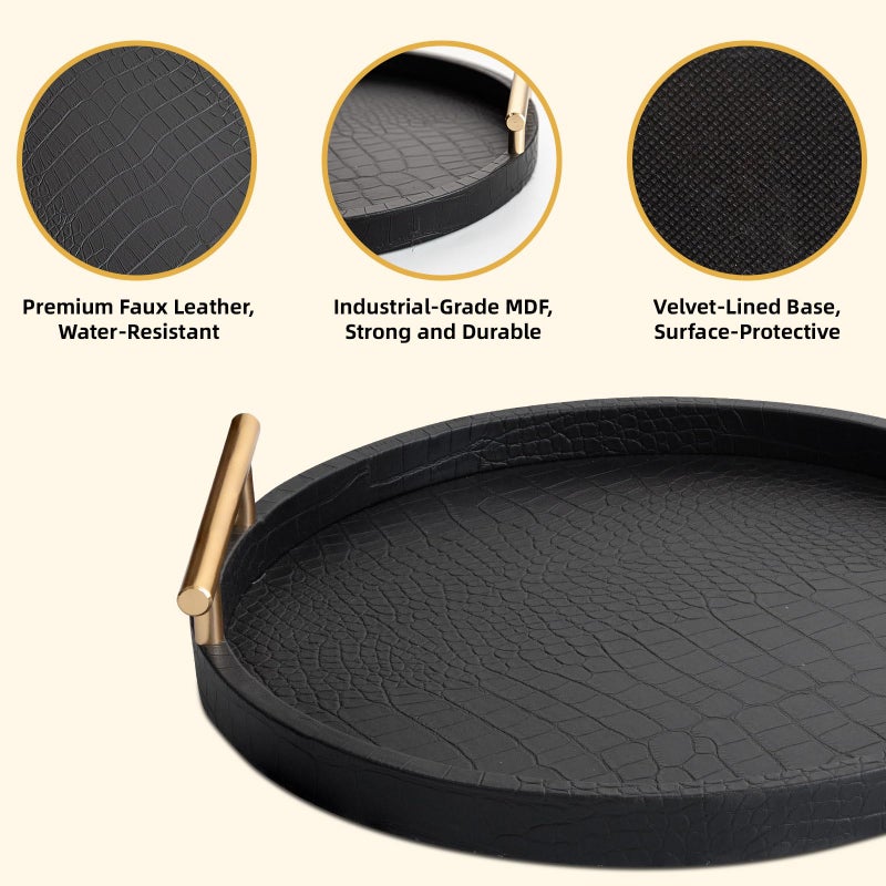 JUMBO HUMBLE Decorative Serving Trays, Set of 2 Wood Modern Crocodile Leather Round Tray with Polished Metal Handles, Decorative Trays Coffee Table Tray Ottoman Platter for Home Decor (Black) - Image 3