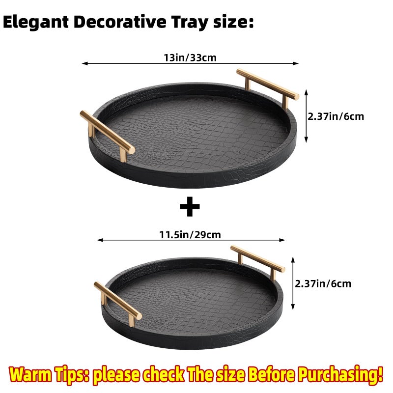 JUMBO HUMBLE Decorative Serving Trays, Set of 2 Wood Modern Crocodile Leather Round Tray with Polished Metal Handles, Decorative Trays Coffee Table Tray Ottoman Platter for Home Decor (Black) - Image 2