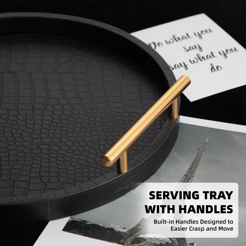 JUMBO HUMBLE Decorative Serving Trays, Set of 2 Wood Modern Crocodile Leather Round Tray with Polished Metal Handles, Decorative Trays Coffee Table Tray Ottoman Platter for Home Decor (Black) - Image 4