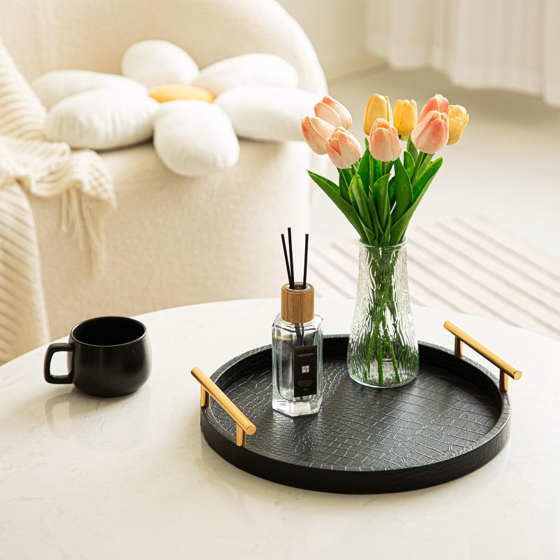 JUMBO HUMBLE Decorative Serving Trays, Set of 2 Wood Modern Crocodile Leather Round Tray with Polished Metal Handles, Decorative Trays Coffee Table Tray Ottoman Platter for Home Decor (Black) - Image 5