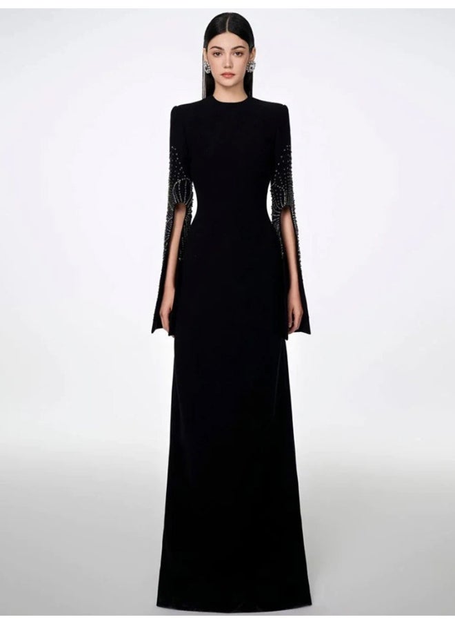 Madam Uniq Chic Beaded Long Sleeve Split Cuff Maxi Dress - Perfect for Parties  - Image 1