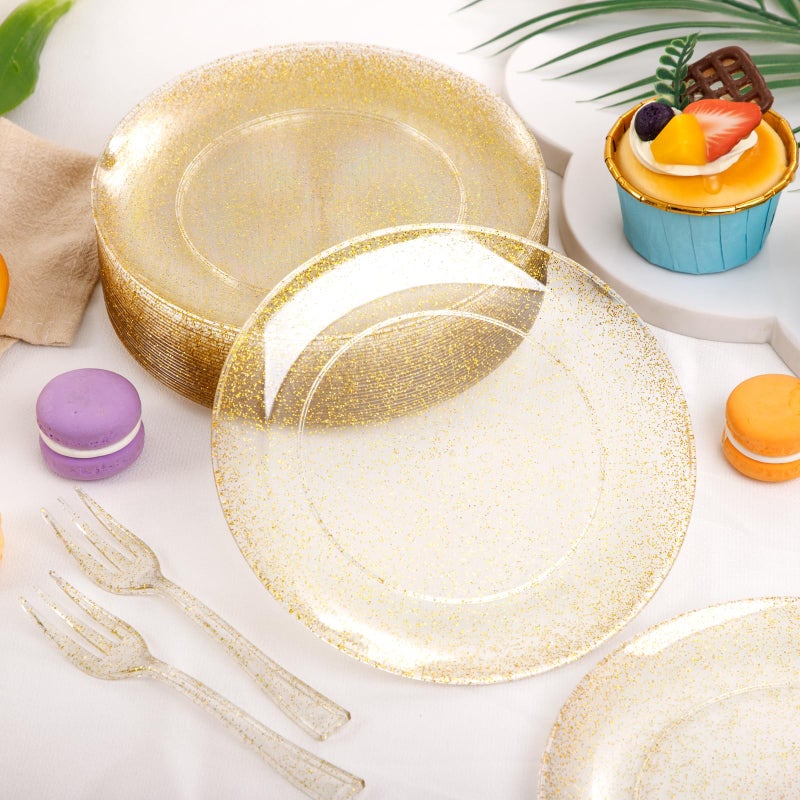 Festiva 200Pcs Gold Glitter Dessert Plates 6.3" with Forks 5"-Small Plastic Dessert/Cake/Appetizer Plates Disposable for 100 Guests Easter Party &Wedding& Birthday&Mother's Day - Image 4