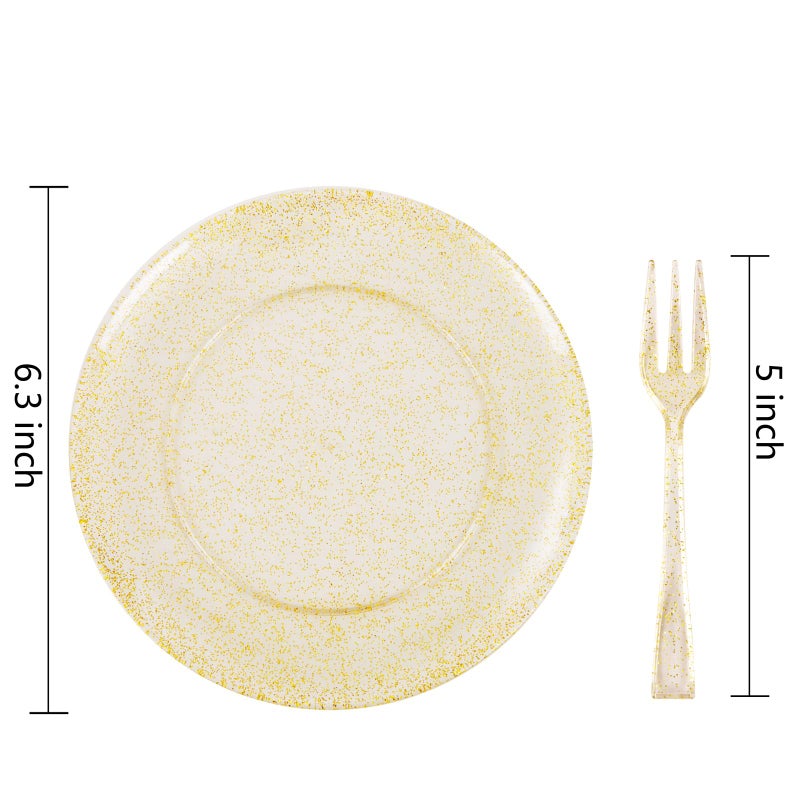 Festiva 200Pcs Gold Glitter Dessert Plates 6.3" with Forks 5"-Small Plastic Dessert/Cake/Appetizer Plates Disposable for 100 Guests Easter Party &Wedding& Birthday&Mother's Day - Image 2