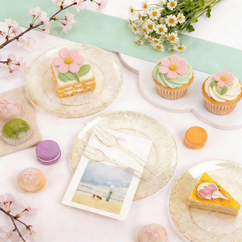 Festiva 200Pcs Gold Glitter Dessert Plates 6.3" with Forks 5"-Small Plastic Dessert/Cake/Appetizer Plates Disposable for 100 Guests Easter Party &Wedding& Birthday&Mother's Day - Image 5