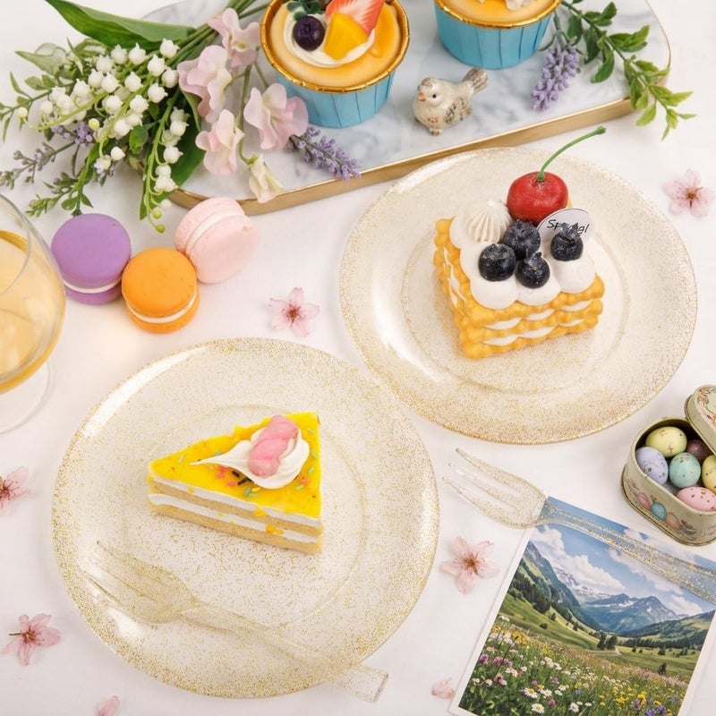 Festiva 200Pcs Gold Glitter Dessert Plates 6.3" with Forks 5"-Small Plastic Dessert/Cake/Appetizer Plates Disposable for 100 Guests Easter Party &Wedding& Birthday&Mother's Day - Image 3