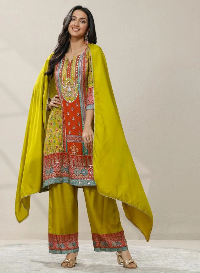 لباس Printed Silk Blend A-Line Kurta, Palazzos And Dupatta Set