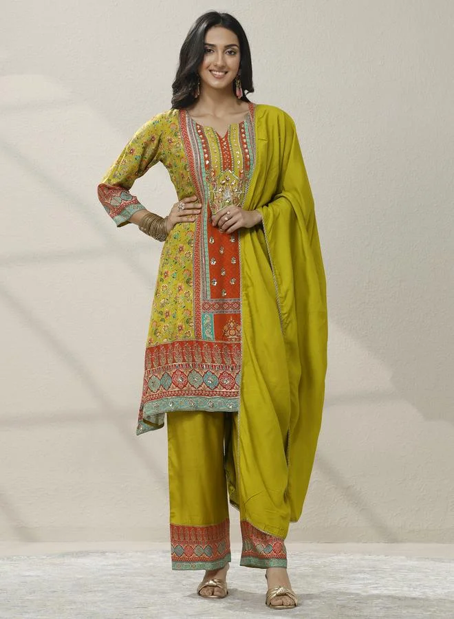 لباس Printed Silk Blend A-Line Kurta, Palazzos And Dupatta Set