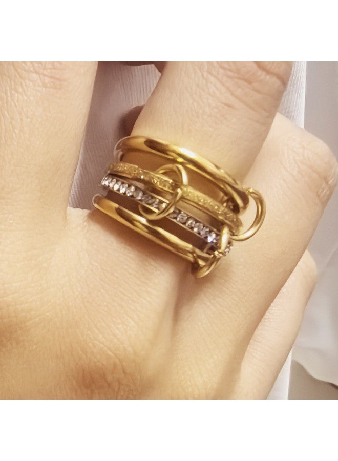 XX Stainless Steel Interlocking Full Diamond Three-ring Four-ring Ring Dual-tone Multi-element New Style - Image 1