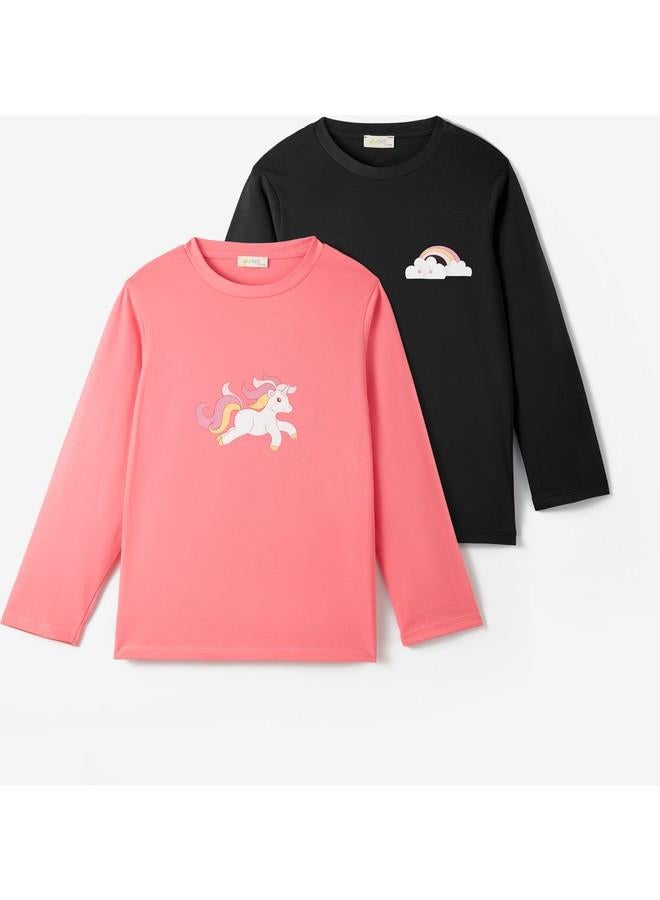June Girl Long Sleeve 2-Pack Printed Tshirt Dark Pink - Black - Image 1
