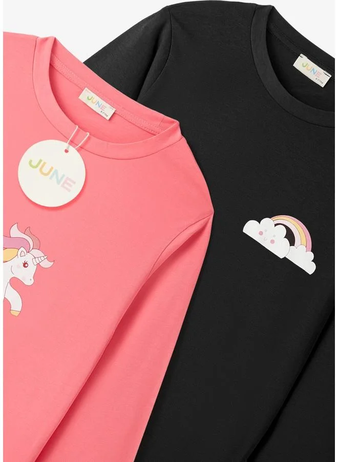 JUNE June Girl Long Sleeve 2-Pack Printed Tshirt Dark Pink - Black