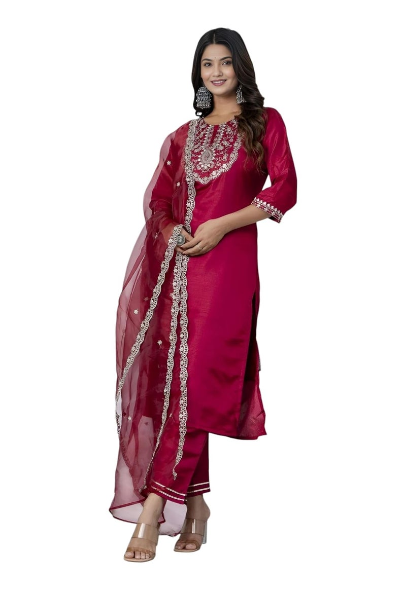 LookMark Women's Viscose Rayon Trendy Regular Fit Embroidery Kurti with Bottom & Dupatta|Kurti Set for Women_AZ-LM-OG-KS2302-L - Image 1