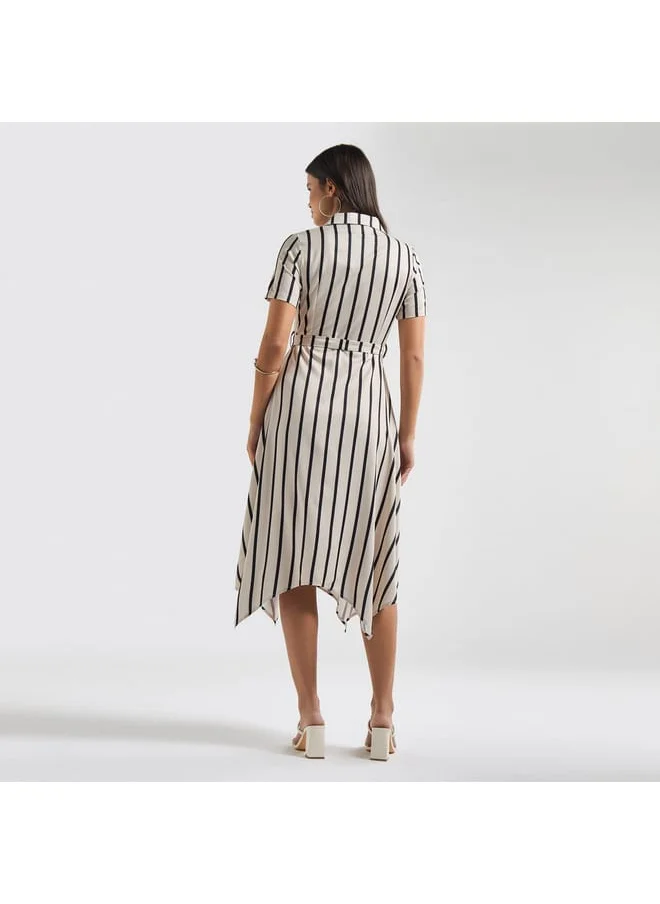FAV Striped Asymmetric Hem Collared Midi Dress with Belt and Short Sleeves