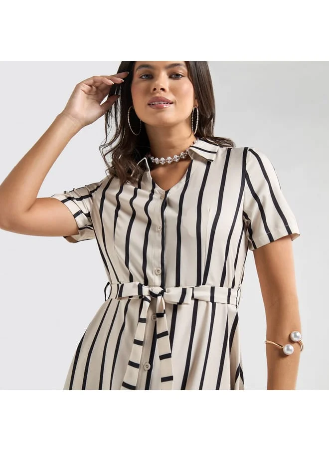 FAV Striped Asymmetric Hem Collared Midi Dress with Belt and Short Sleeves