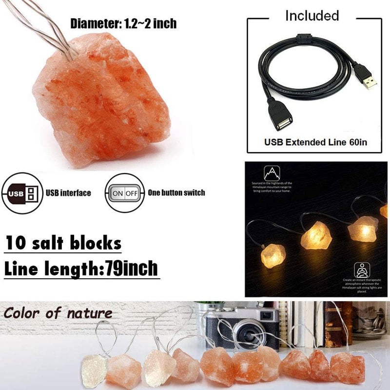 MINGRI Himalayan Salt String Light with Rock,USB Fairy Lights Night Pink Salt Lamp ,Natural Hand Carved Himalayan Small String Lamp for Office,Baby,Child,LED Nightlight for Bedroom,Bedside,Desk,Computer - Image 4