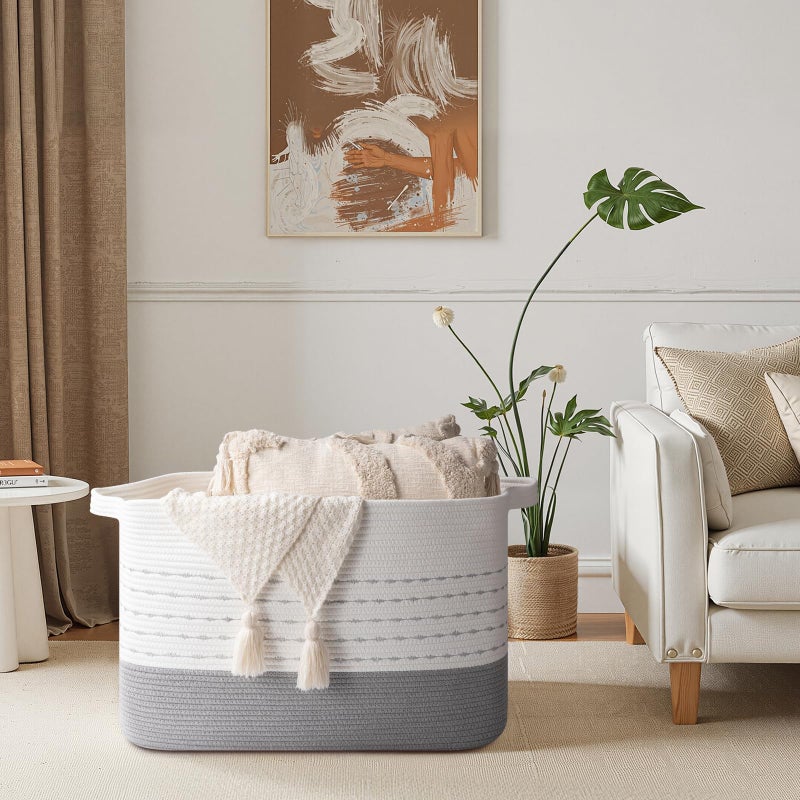 OIAHOMY 108L Extra Large Blanket Basket, 25â€x16â€x16â€ Rectangle Woven Cotton Rope Baskets for for Living Room, Toy Storage with Handle- Gradient Grey - Image 2