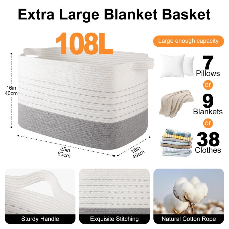 OIAHOMY 108L Extra Large Blanket Basket, 25â€x16â€x16â€ Rectangle Woven Cotton Rope Baskets for for Living Room, Toy Storage with Handle- Gradient Grey - Image 3