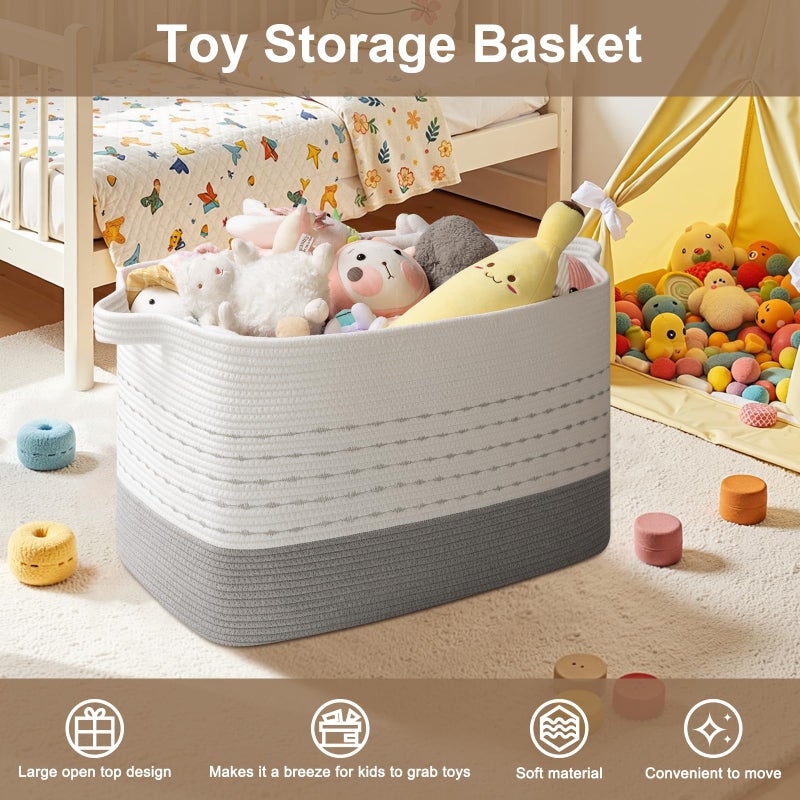 OIAHOMY 108L Extra Large Blanket Basket, 25â€x16â€x16â€ Rectangle Woven Cotton Rope Baskets for for Living Room, Toy Storage with Handle- Gradient Grey - Image 4