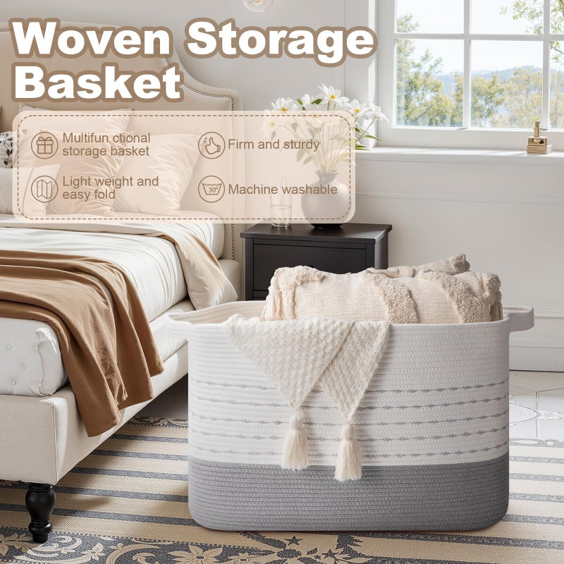 OIAHOMY 108L Extra Large Blanket Basket, 25â€x16â€x16â€ Rectangle Woven Cotton Rope Baskets for for Living Room, Toy Storage with Handle- Gradient Grey - Image 5
