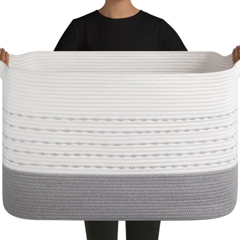 OIAHOMY 108L Extra Large Blanket Basket, 25â€x16â€x16â€ Rectangle Woven Cotton Rope Baskets for for Living Room, Toy Storage with Handle- Gradient Grey - Image 1
