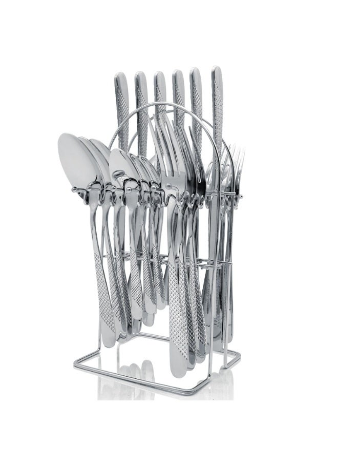 Arabest Silver Stainless Steel Knife, Fork, Spoon 24-Piece Set, 6-Person Dining Utensil Set, Anti-Slip Handle with Storage Rack (Style B) - Image 1