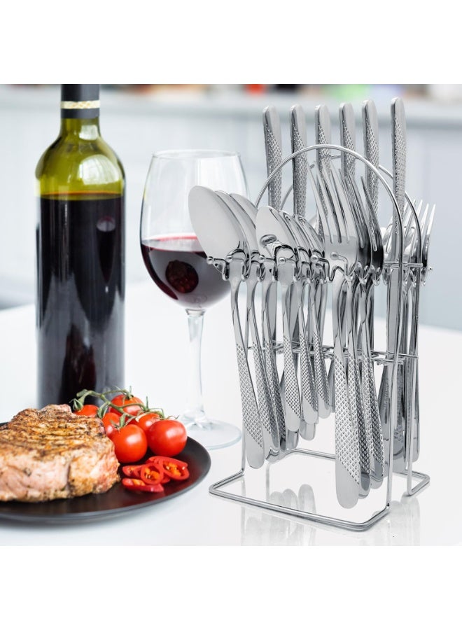 Arabest Silver Stainless Steel Knife, Fork, Spoon 24-Piece Set, 6-Person Dining Utensil Set, Anti-Slip Handle with Storage Rack (Style B) - Image 4