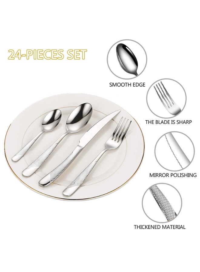 Arabest Silver Stainless Steel Knife, Fork, Spoon 24-Piece Set, 6-Person Dining Utensil Set, Anti-Slip Handle with Storage Rack (Style B) - Image 3