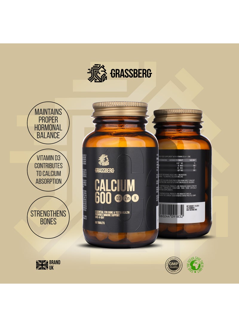 GRASSBERG Calcium 600mg Supplements with Vitamin D3, Zinc, Vitamin K - 60 Tablets - Image 3