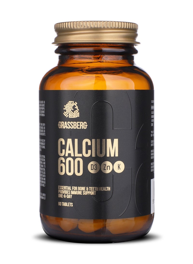 GRASSBERG Calcium 600mg Supplements with Vitamin D3, Zinc, Vitamin K - 60 Tablets - Image 1