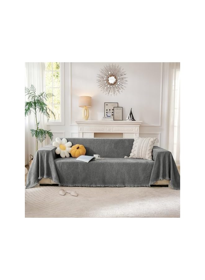 The Bros Cotton Sofa Cover, Thickened Chenille Slipcover for Pets Kids, Towel Fabric Blanket Shawl With Tassels Soft Cover for Bedding Room Decoration (Dark Gray, 71" X 103") - Image 2
