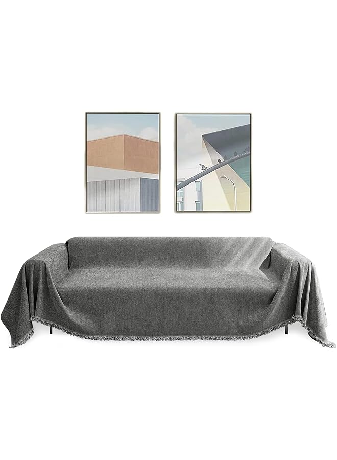 The Bros Cotton Sofa Cover, Thickened Chenille Slipcover for Pets Kids, Towel Fabric Blanket Shawl With Tassels Soft Cover for Bedding Room Decoration (Dark Gray, 71" X 103") - Image 1