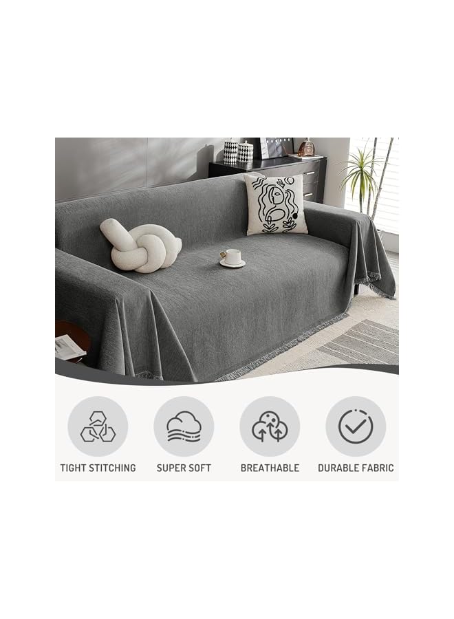 The Bros Cotton Sofa Cover, Thickened Chenille Slipcover for Pets Kids, Towel Fabric Blanket Shawl With Tassels Soft Cover for Bedding Room Decoration (Dark Gray, 71" X 103") - Image 5