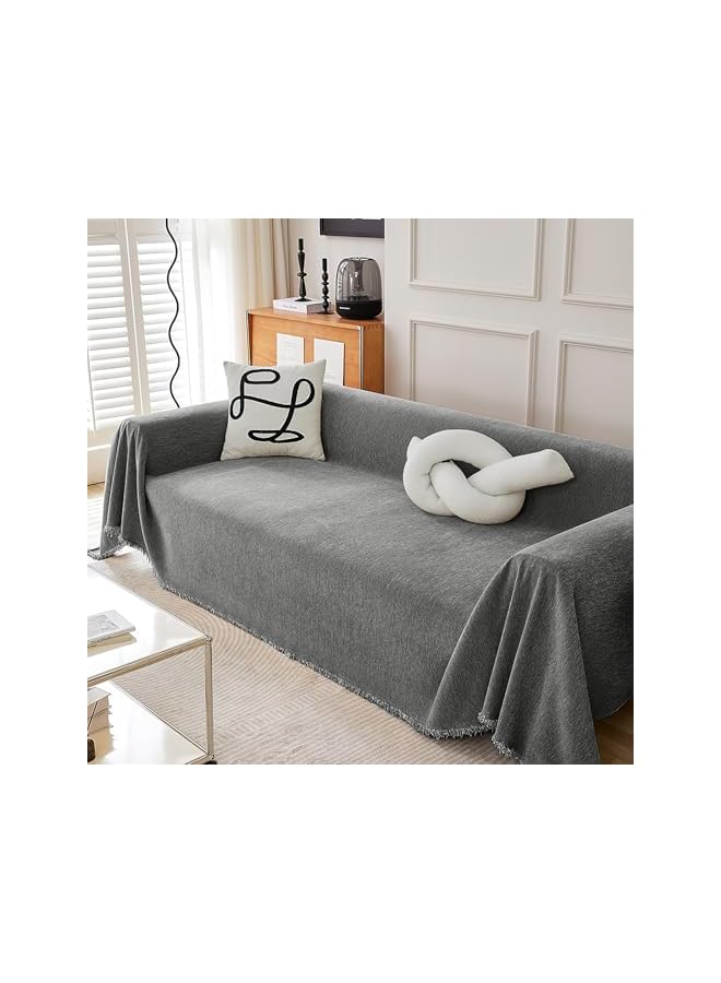 The Bros Cotton Sofa Cover, Thickened Chenille Slipcover for Pets Kids, Towel Fabric Blanket Shawl With Tassels Soft Cover for Bedding Room Decoration (Dark Gray, 71" X 103") - Image 3