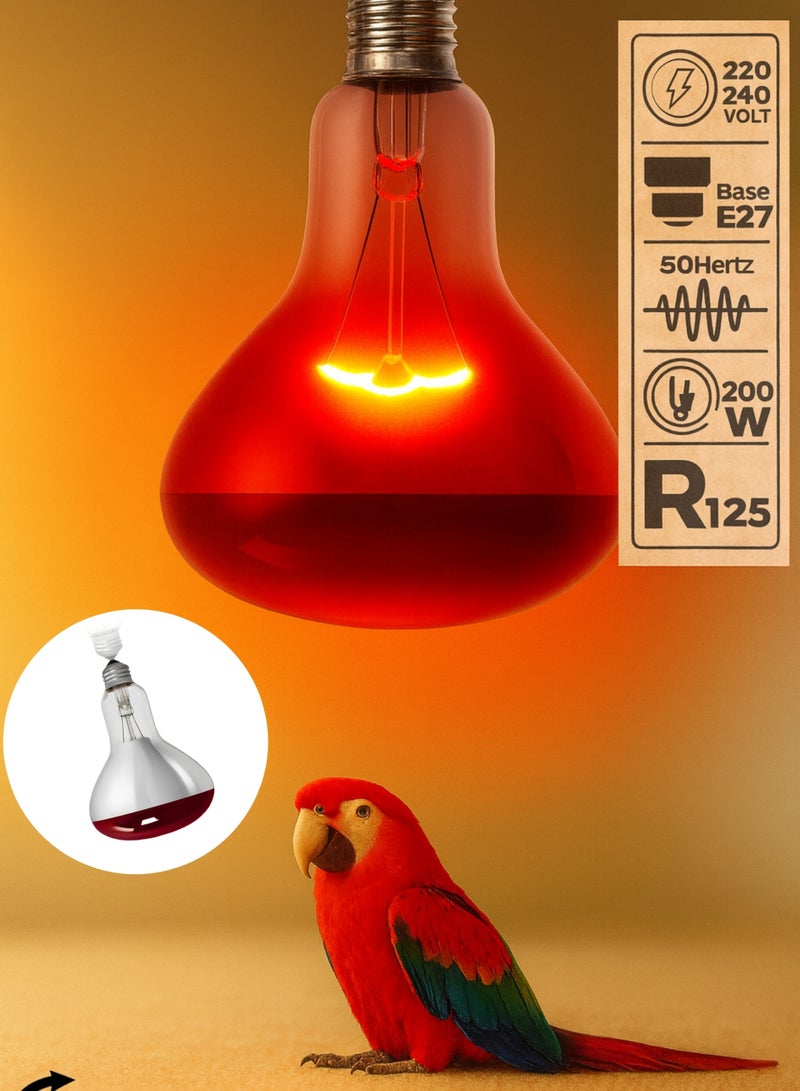 Pet Heat & Red Heat Lamp Bulb R125 – 200W Infrared Heating Lamp, E27 Base, 125×174mm – Long Life 6000 Hours – 220-240V Heat Bulb for Poultry, Chicks, Livestock, Reptiles & Brooding - Image 2