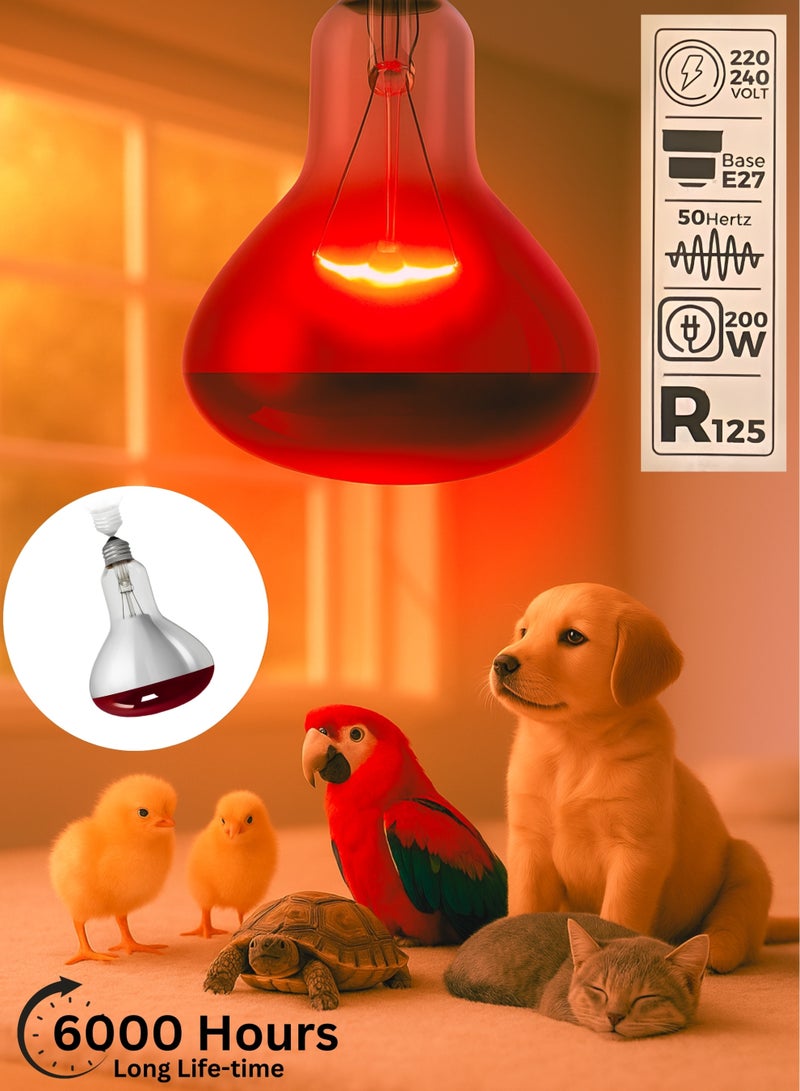 Pet Heat & Red Heat Lamp Bulb R125 – 200W Infrared Heating Lamp, E27 Base, 125×174mm – Long Life 6000 Hours – 220-240V Heat Bulb for Poultry, Chicks, Livestock, Reptiles & Brooding - Image 1