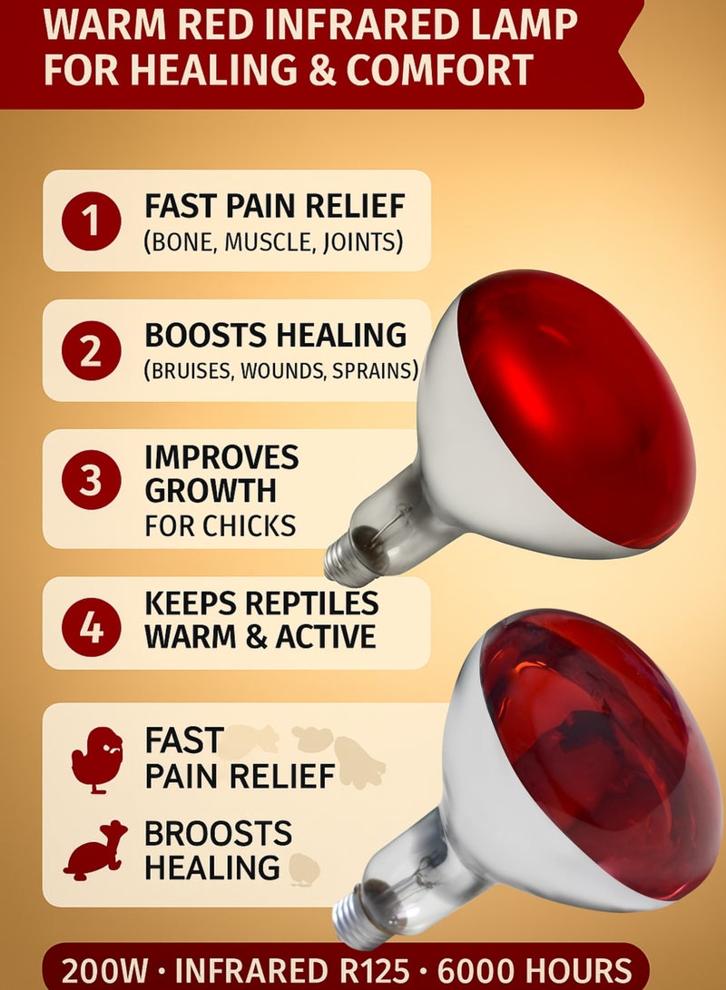 Pet Heat & Red Heat Lamp Bulb R125 – 200W Infrared Heating Lamp, E27 Base, 125×174mm – Long Life 6000 Hours – 220-240V Heat Bulb for Poultry, Chicks, Livestock, Reptiles & Brooding - Image 3