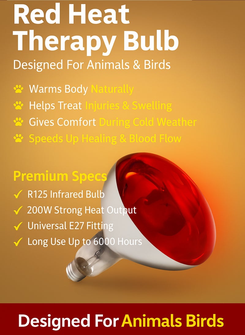 Pet Heat & Red Heat Lamp Bulb R125 – 200W Infrared Heating Lamp, E27 Base, 125×174mm – Long Life 6000 Hours – 220-240V Heat Bulb for Poultry, Chicks, Livestock, Reptiles & Brooding - Image 5