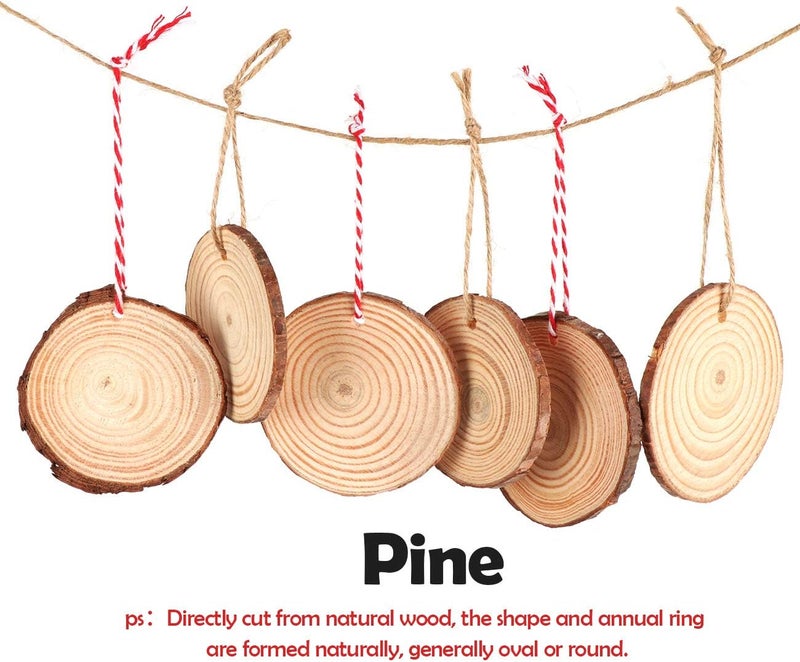 ilauke 50Pcs Wood Slices 2.4"-2.8" Unfinished Wood Rounds with Pre-drilled Hole and 66Feet Twine String, Natural Wood for Crafts for Home Decor Painting DIY Christmas Ornaments Party Wedding Decor - Image 3