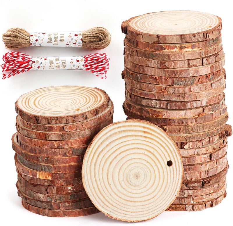 ilauke 50Pcs Wood Slices 2.4"-2.8" Unfinished Wood Rounds with Pre-drilled Hole and 66Feet Twine String, Natural Wood for Crafts for Home Decor Painting DIY Christmas Ornaments Party Wedding Decor - Image 1