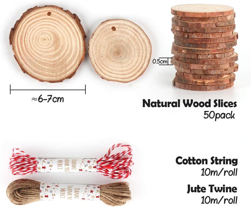 ilauke 50Pcs Wood Slices 2.4"-2.8" Unfinished Wood Rounds with Pre-drilled Hole and 66Feet Twine String, Natural Wood for Crafts for Home Decor Painting DIY Christmas Ornaments Party Wedding Decor - Image 4
