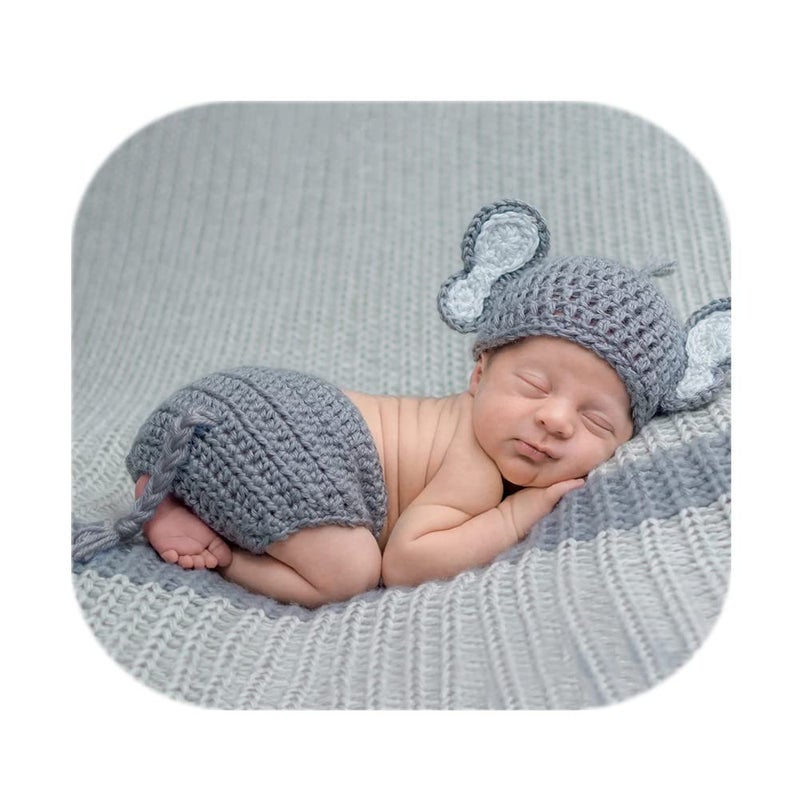Vemonllas Vemonllas Newborn Photography Props Outfit Boys Girls Elephant Hat Bonnet Shorts Baby Photo Props Crochet Knitted Costumes Light Gray