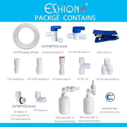 ESHIONG NSF Certified 1/4" O.D. Push to Connect Fittings for RO (Reverse Osmosis) Water Filter（with water float ball valve）19 pcs+30 feet 1/4" Water tubing. - Image 2