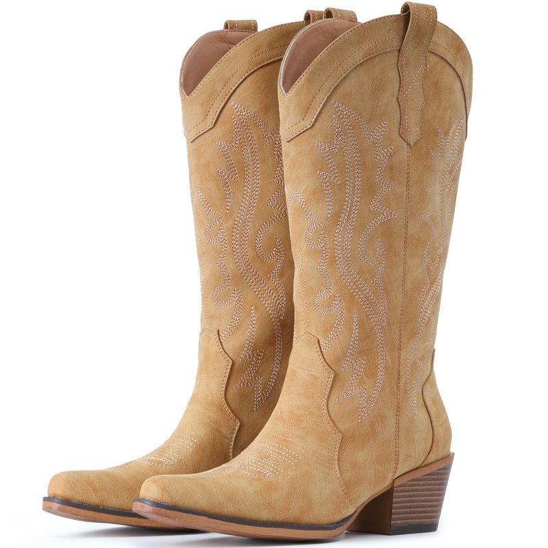 IUV Cowboy Boots For Women Western Cowgirl Boots with Chunky Heel Mid Calf Snip Toe Ideal for low insteps - Image 1
